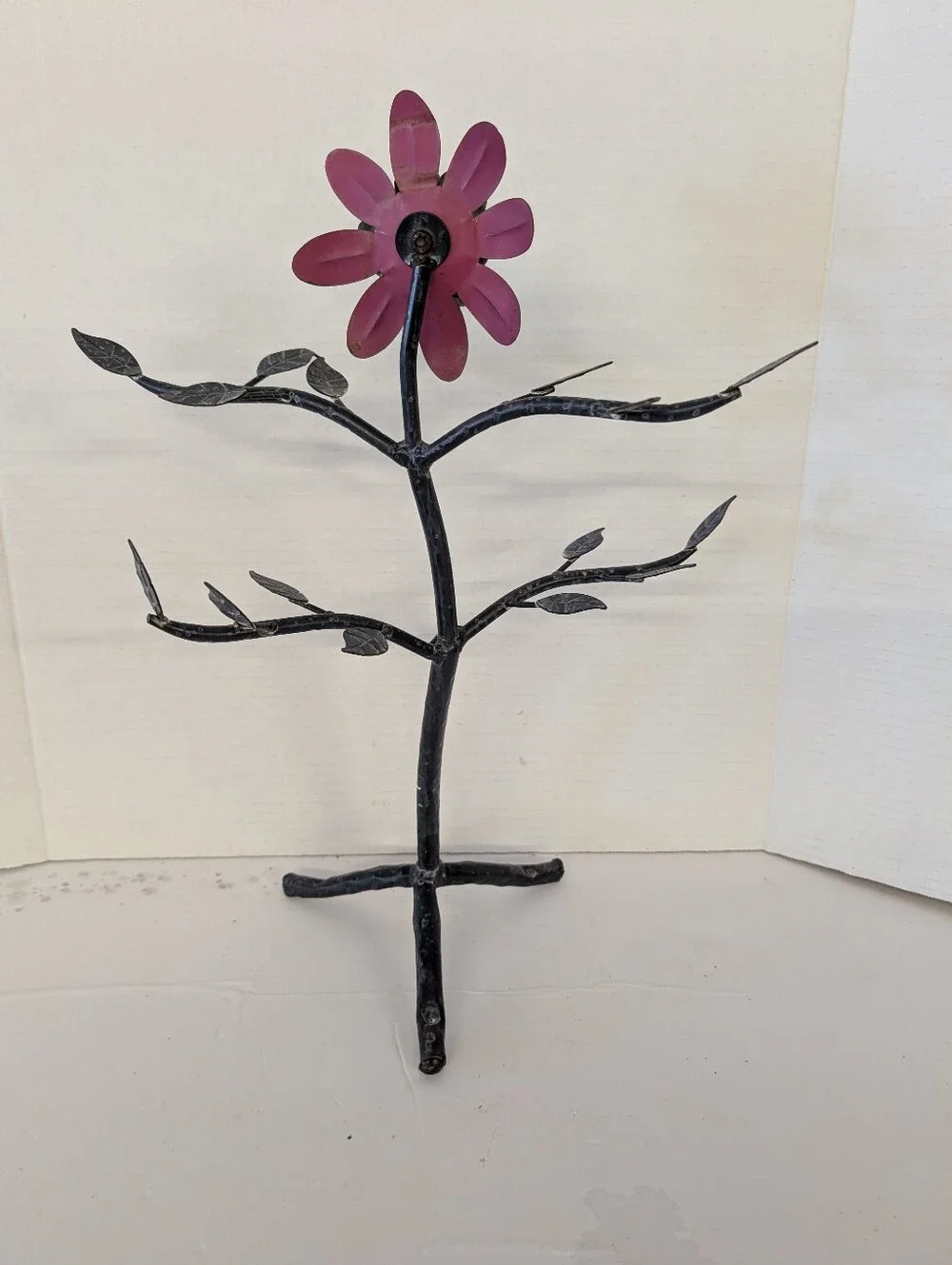 Vintage Jewelry Stand  Metal with Pink Petals and Yellow Center